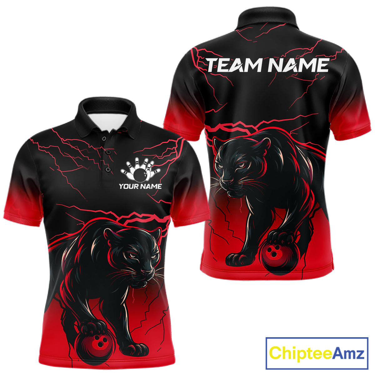Black And Red Thunder Lightning Panther Bowling Team Shirts For Men Custom Bowling League Jersey TDM7401