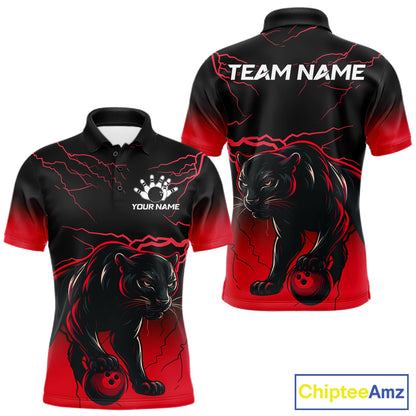 Black And Red Thunder Lightning Panther Bowling Team Shirts For Men Custom Bowling League Jersey TDM7401