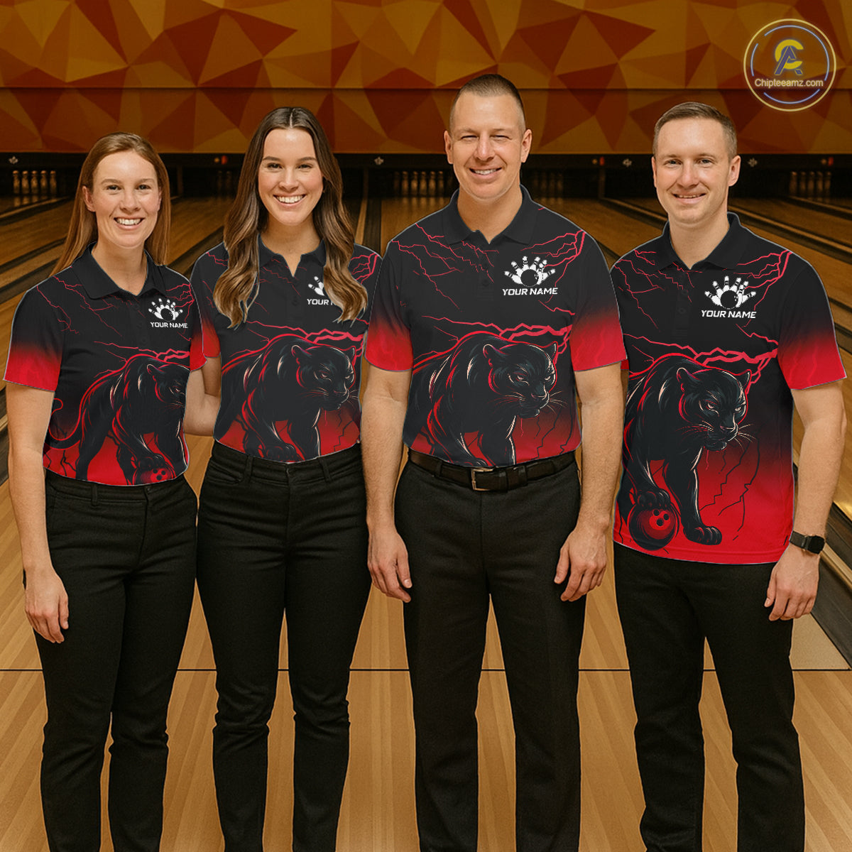 Black And Red Thunder Lightning Panther Bowling Team Shirts For Men Custom Bowling League Jersey TDM7401