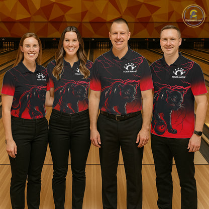 Black And Red Thunder Lightning Panther Bowling Team Shirts For Men Custom Bowling League Jersey TDM7401