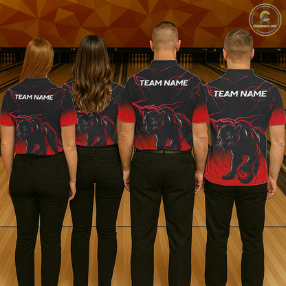 Black And Red Thunder Lightning Panther Bowling Team Shirts For Men Custom Bowling League Jersey TDM7401
