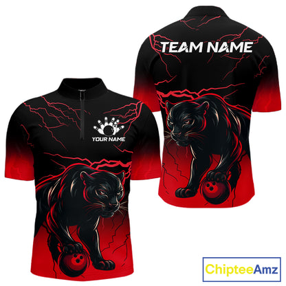 Black And Red Thunder Lightning Panther Bowling Team Shirts For Men Custom Bowling League Jersey TDM7401