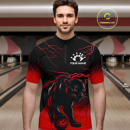 Black And Red Thunder Lightning Panther Bowling Team Shirts For Men Custom Bowling League Jersey TDM7401
