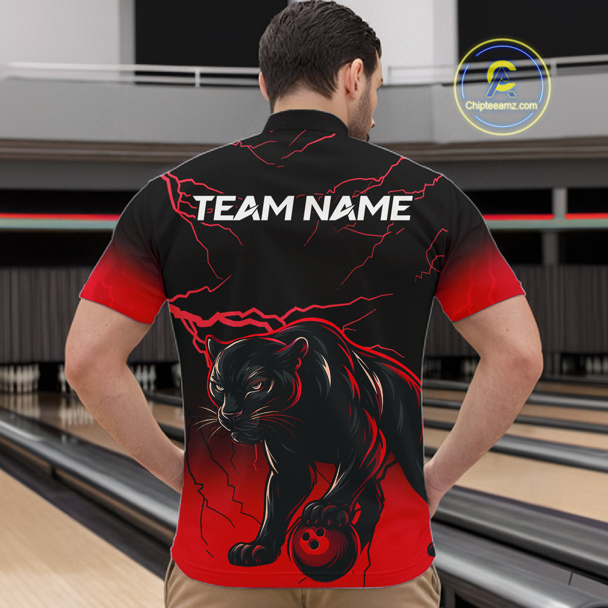 Black And Red Thunder Lightning Panther Bowling Team Shirts For Men Custom Bowling League Jersey TDM7401