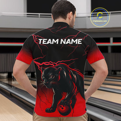 Black And Red Thunder Lightning Panther Bowling Team Shirts For Men Custom Bowling League Jersey TDM7401