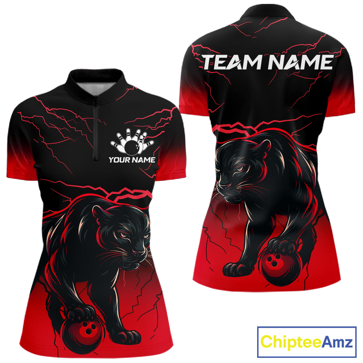 Black And Red Thunder Lightning Panther Bowling Team Shirts For Women Custom Bowling League Jersey TDM7401