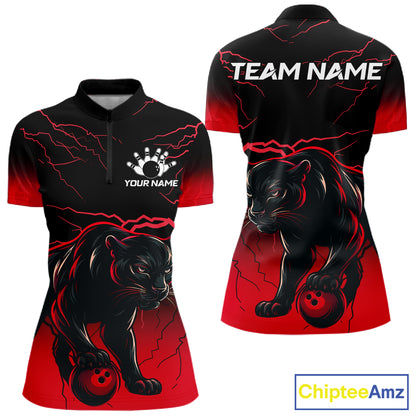 Black And Red Thunder Lightning Panther Bowling Team Shirts For Women Custom Bowling League Jersey TDM7401