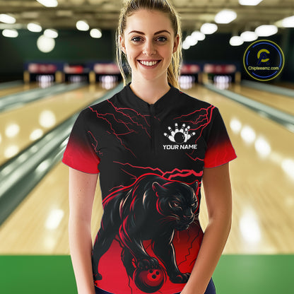 Black And Red Thunder Lightning Panther Bowling Team Shirts For Women Custom Bowling League Jersey TDM7401