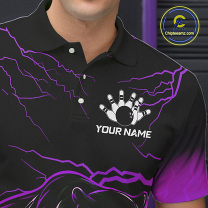 Black And Purple Thunder Lightning Panther Bowling Team Shirts For Men Custom Bowling League Jersey TDM7402