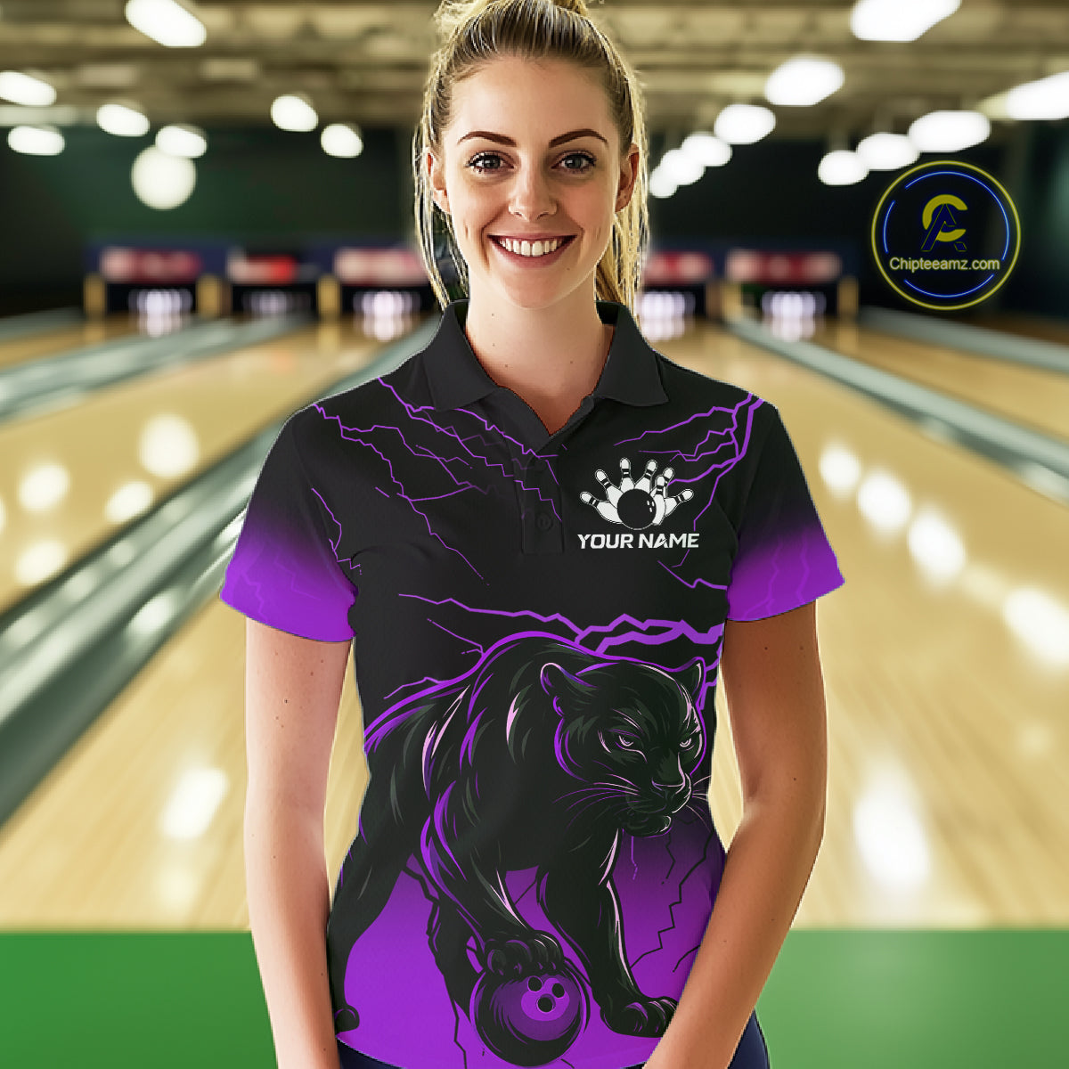 Black And Purple Thunder Lightning Panther Bowling Team Shirts For Women Custom Bowling League Jersey TDM7402