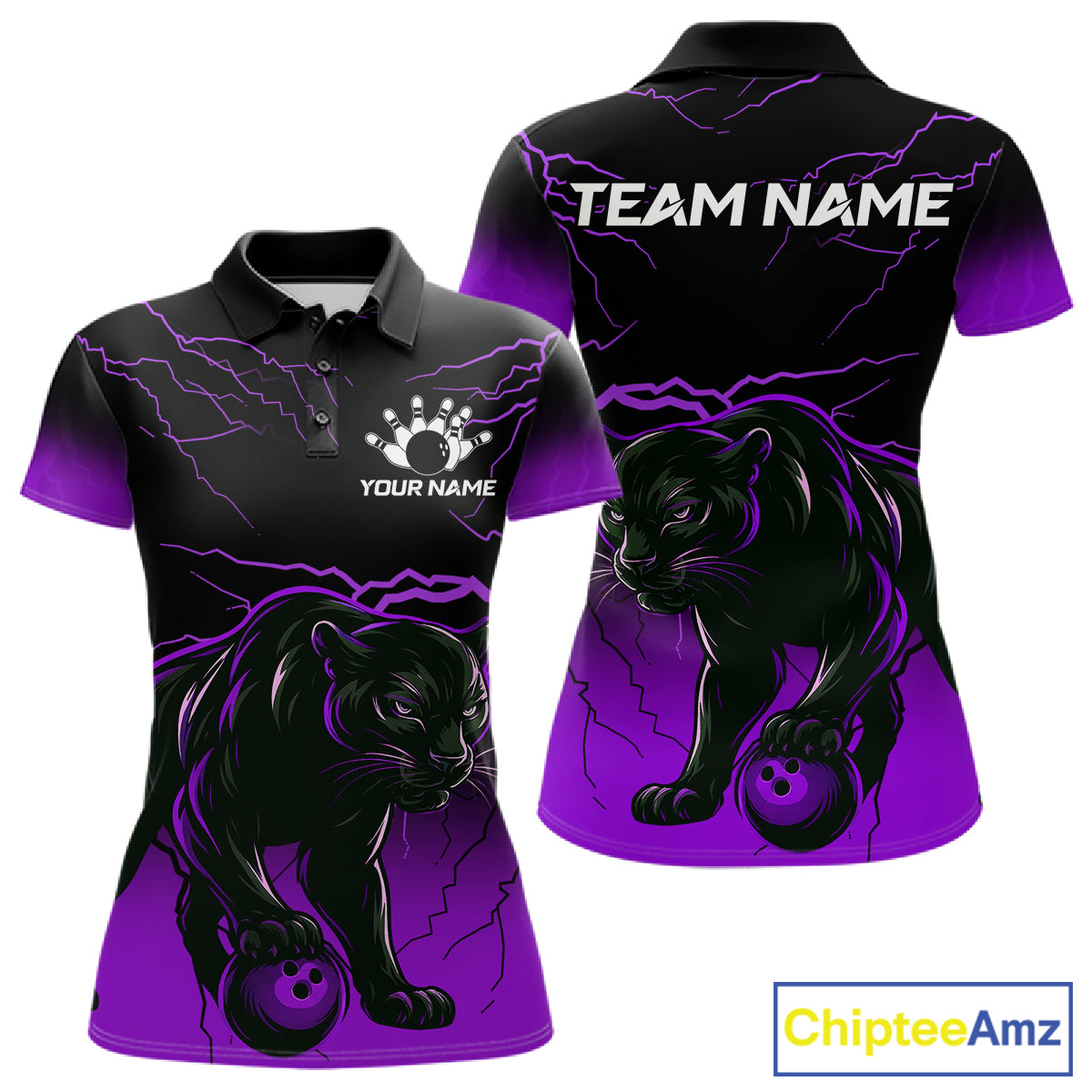 Black And Purple Thunder Lightning Panther Bowling Team Shirts For Women Custom Bowling League Jersey TDM7402