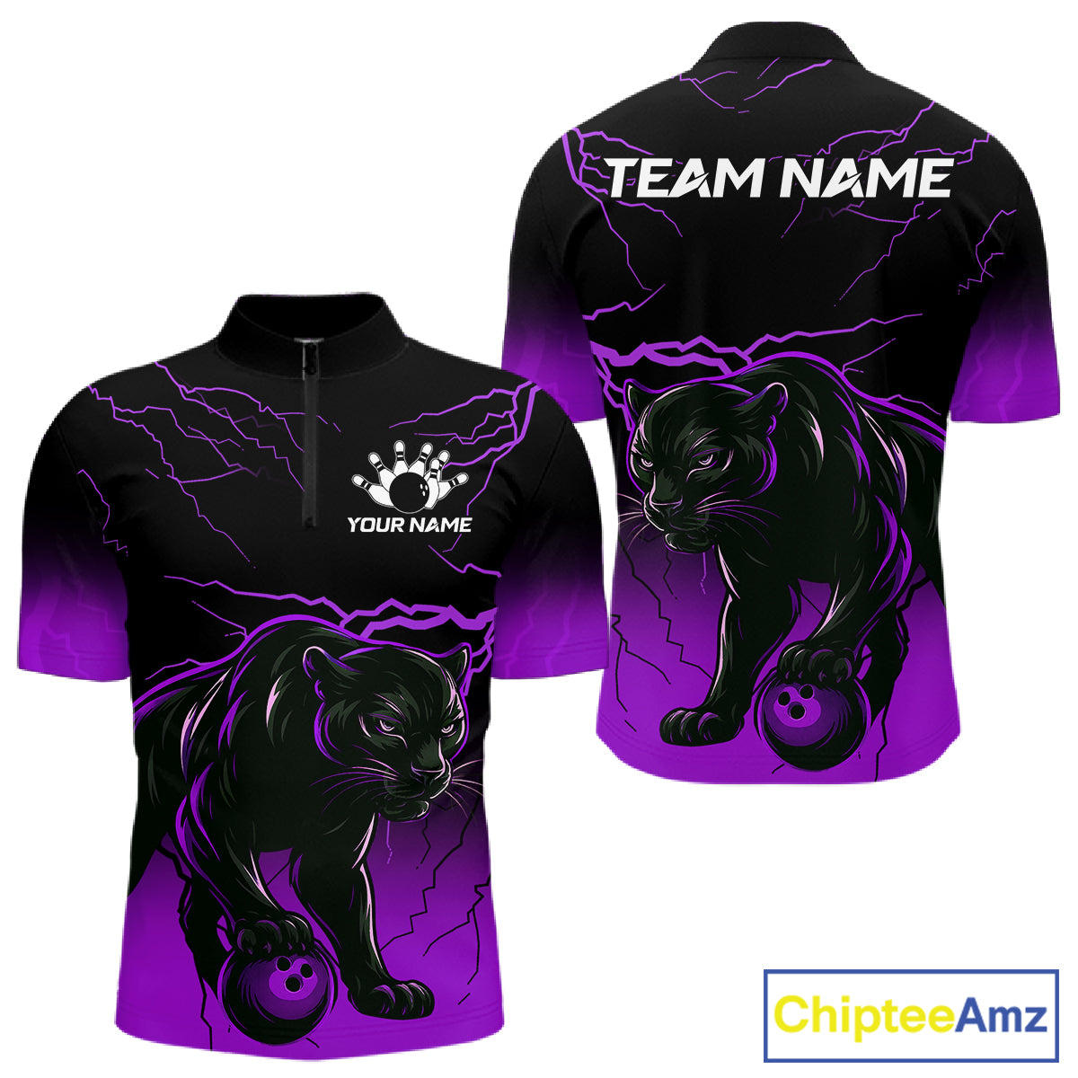 Black And Purple Thunder Lightning Panther Bowling Team Shirts For Men Custom Bowling League Jersey TDM7402