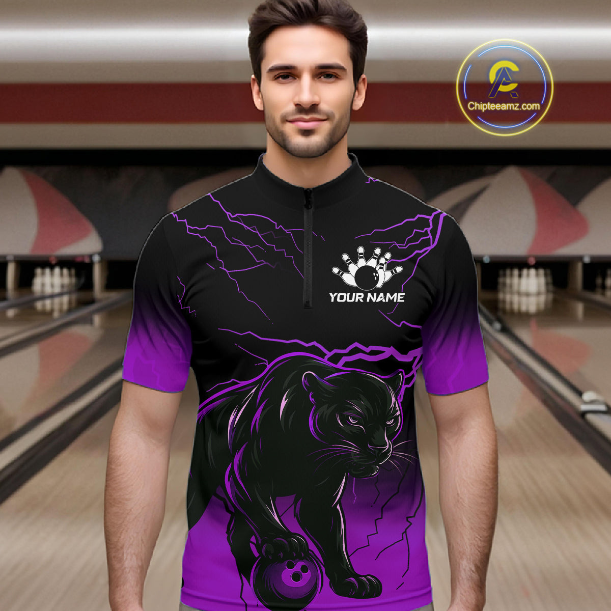 Black And Purple Thunder Lightning Panther Bowling Team Shirts For Men Custom Bowling League Jersey TDM7402
