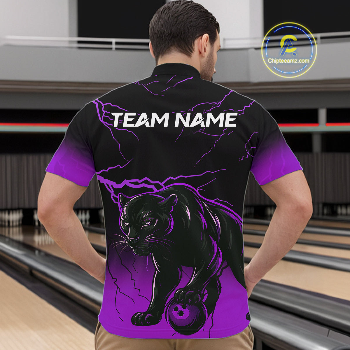 Black And Purple Thunder Lightning Panther Bowling Team Shirts For Men Custom Bowling League Jersey TDM7402