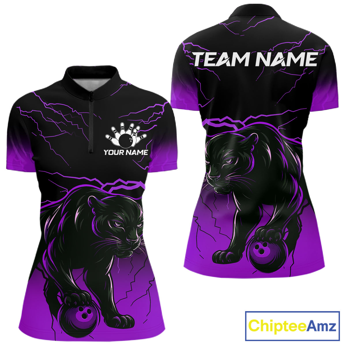Black And Purple Thunder Lightning Panther Bowling Team Shirts For Women Custom Bowling League Jersey TDM7402