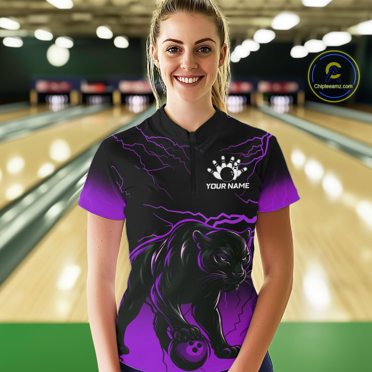 Black And Purple Thunder Lightning Panther Bowling Team Shirts For Women Custom Bowling League Jersey TDM7402
