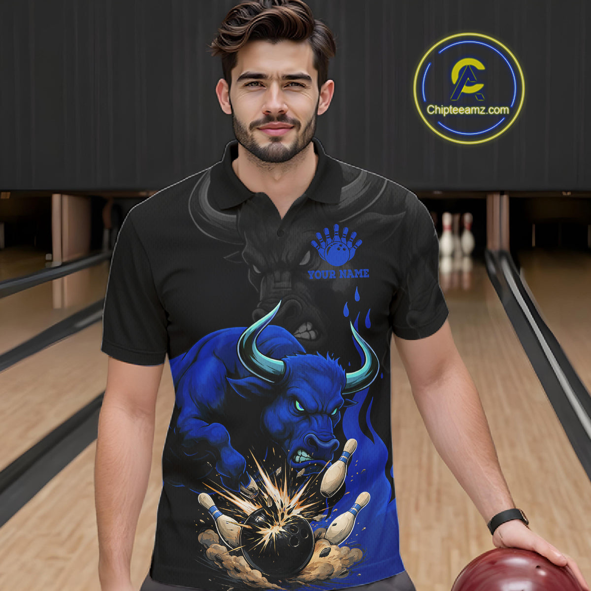 Black And Blue Funny Bull Bowling Shirt For Men Custom Bowling Team Jersey Polo & Quarter Zip TDM7405