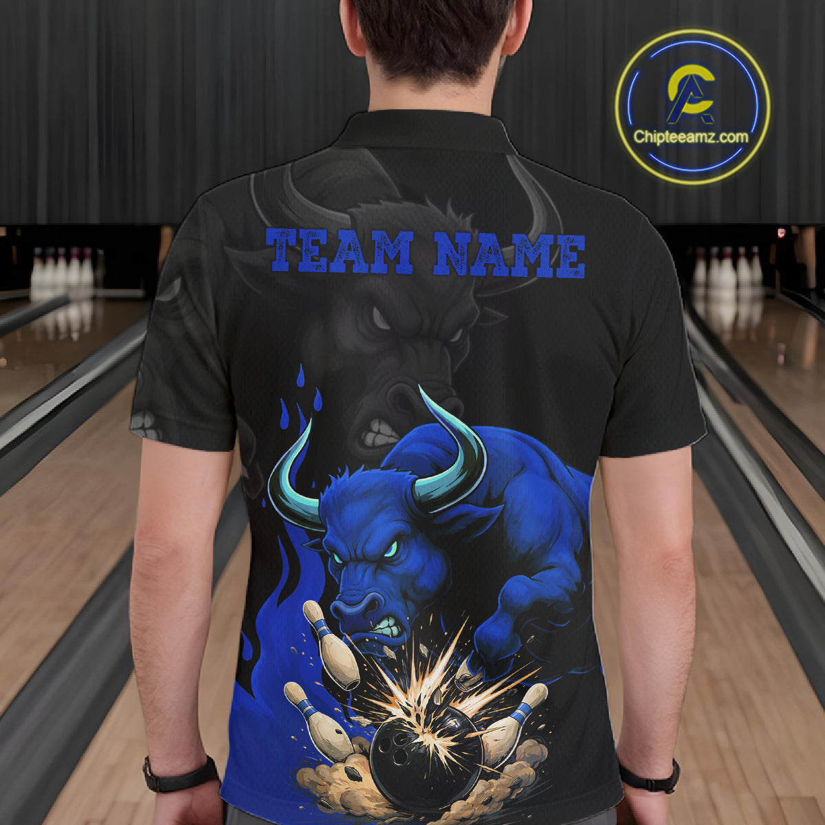 Black And Blue Funny Bull Bowling Shirt For Men Custom Bowling Team Jersey Polo & Quarter Zip TDM7405