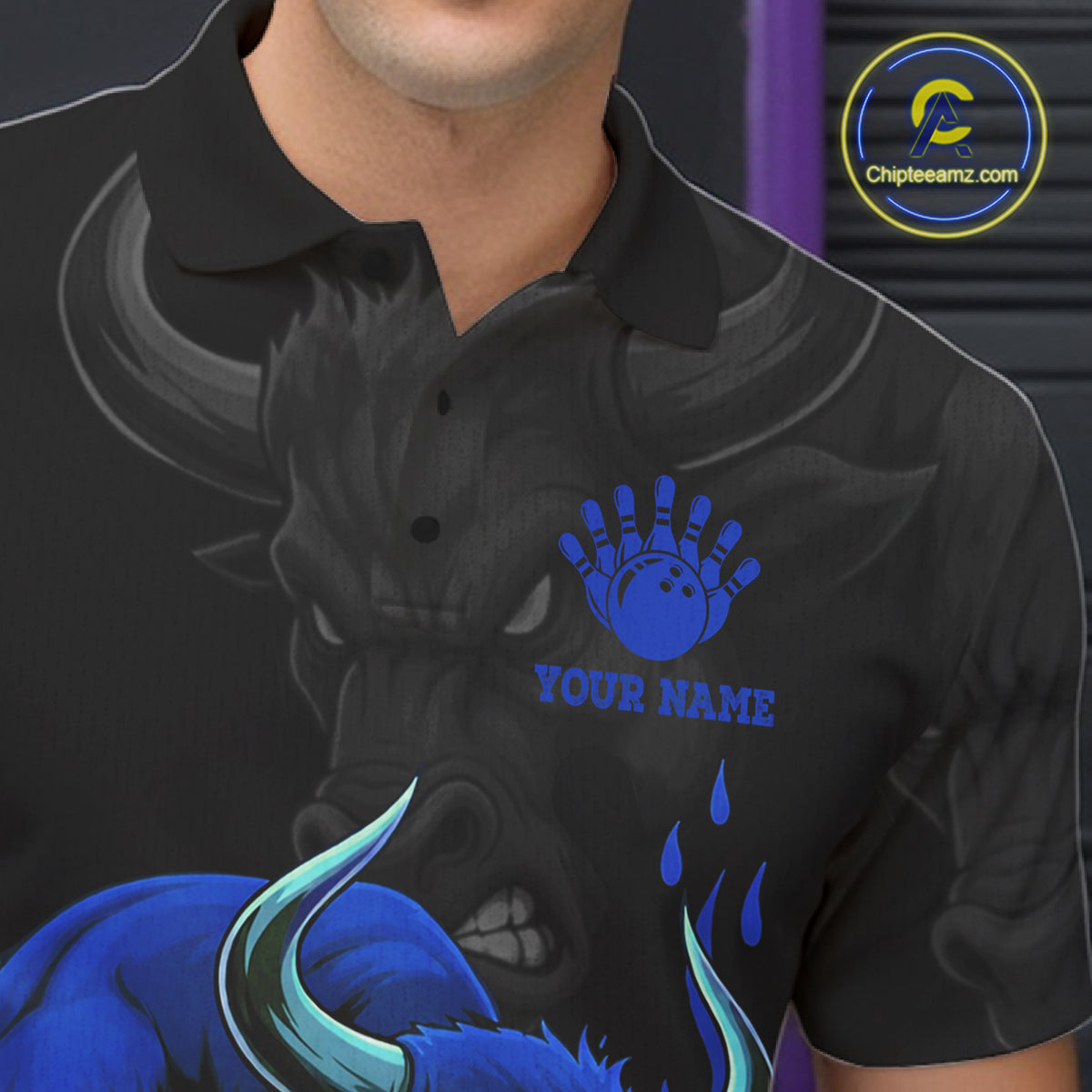 Black And Blue Funny Bull Bowling Shirt For Men Custom Bowling Team Jersey Polo & Quarter Zip TDM7405