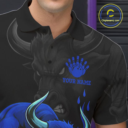 Black And Blue Funny Bull Bowling Shirt For Men Custom Bowling Team Jersey Polo & Quarter Zip TDM7405