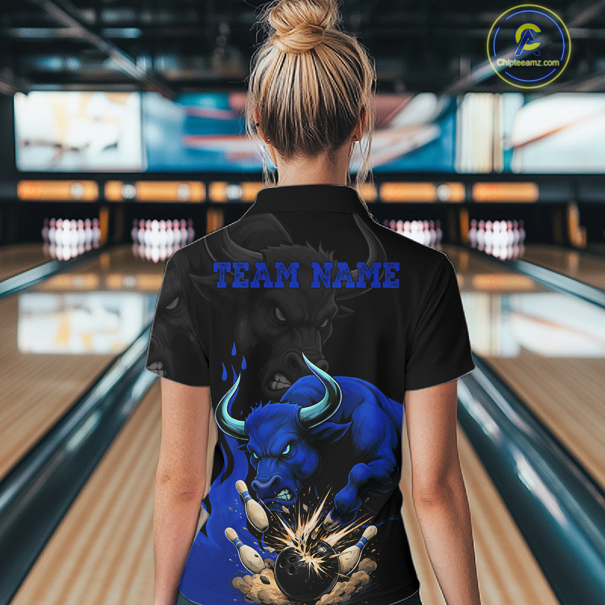 Black And Blue Funny Bull Bowling Shirt For Women Custom Bowling Team Jersey Polo & Quarter Zip TDM7405