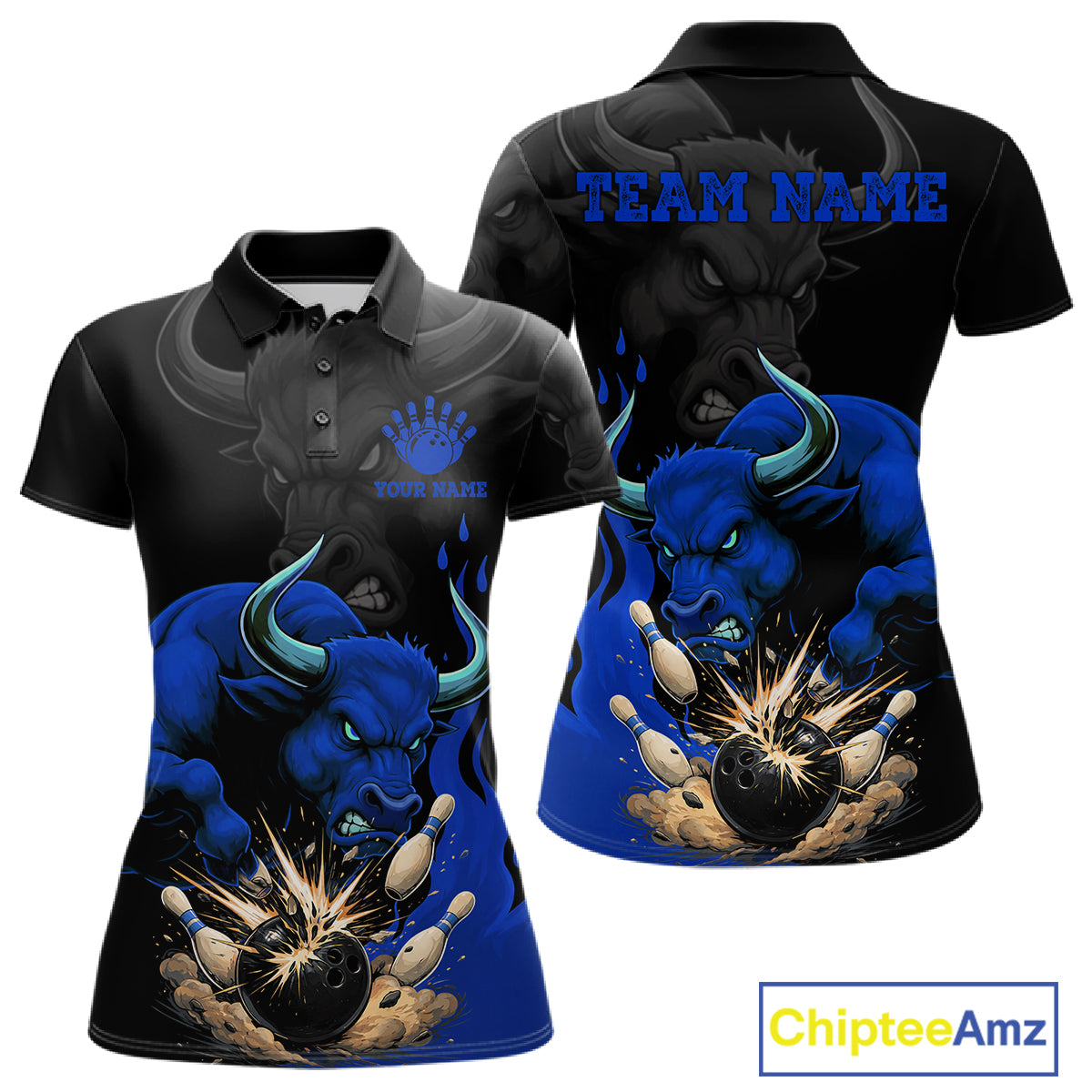 Black And Blue Funny Bull Bowling Shirt For Women Custom Bowling Team Jersey Polo & Quarter Zip TDM7405