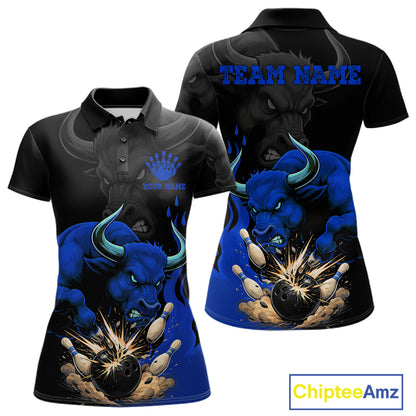 Black And Blue Funny Bull Bowling Shirt For Women Custom Bowling Team Jersey Polo & Quarter Zip TDM7405