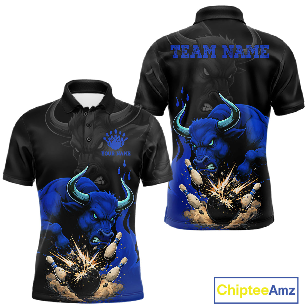 Black And Blue Funny Bull Bowling Shirt For Men Custom Bowling Team Jersey Polo & Quarter Zip TDM7405
