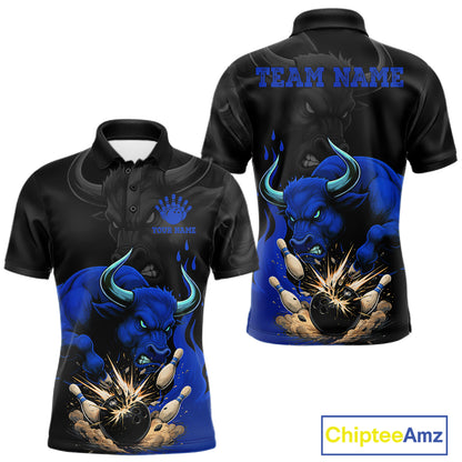 Black And Blue Funny Bull Bowling Shirt For Men Custom Bowling Team Jersey Polo & Quarter Zip TDM7405
