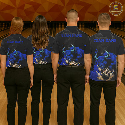 Black And Blue Funny Bull Bowling Shirt For Men Custom Bowling Team Jersey Polo & Quarter Zip TDM7405