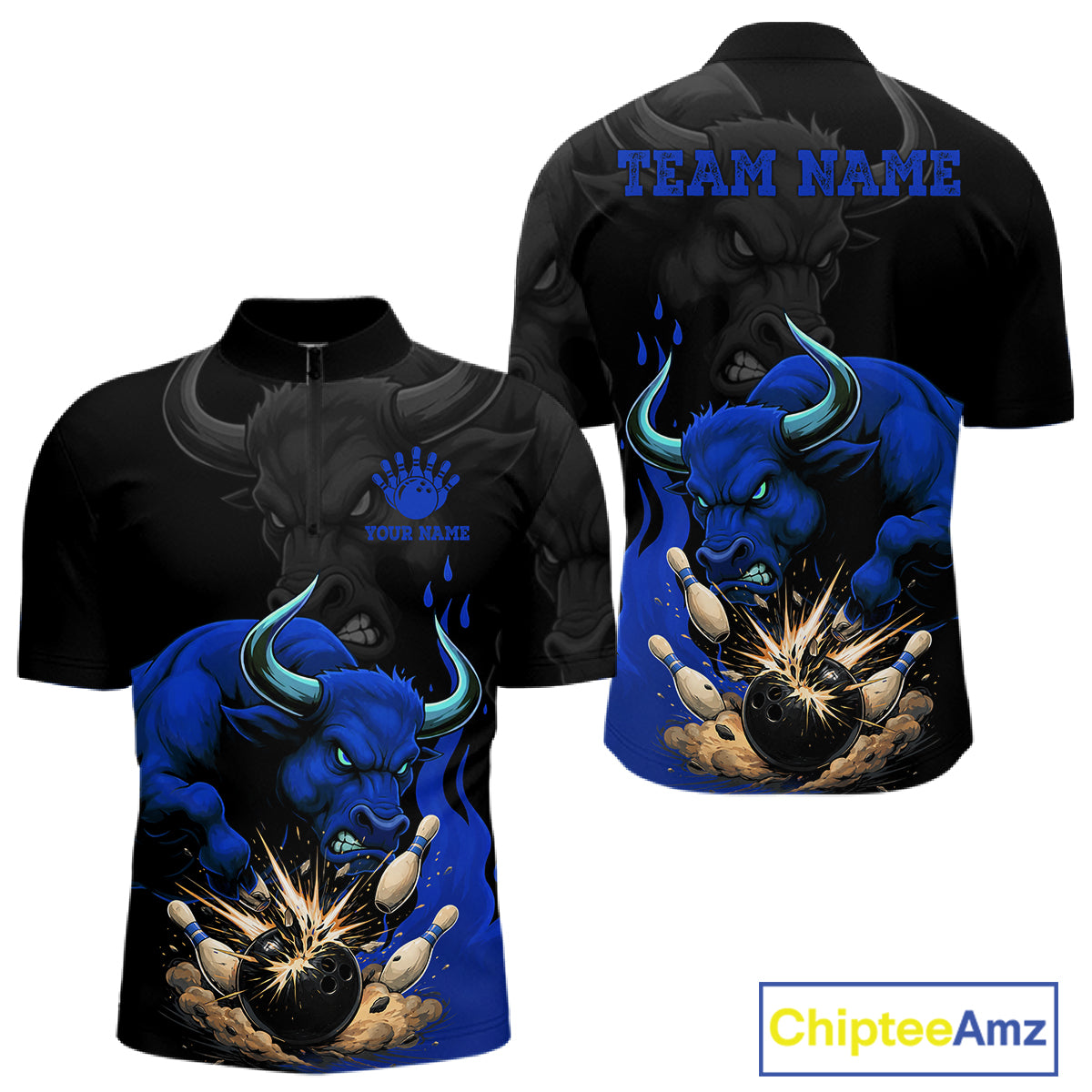 Black And Blue Funny Bull Bowling Shirt For Men Custom Bowling Team Jersey Polo & Quarter Zip TDM7405