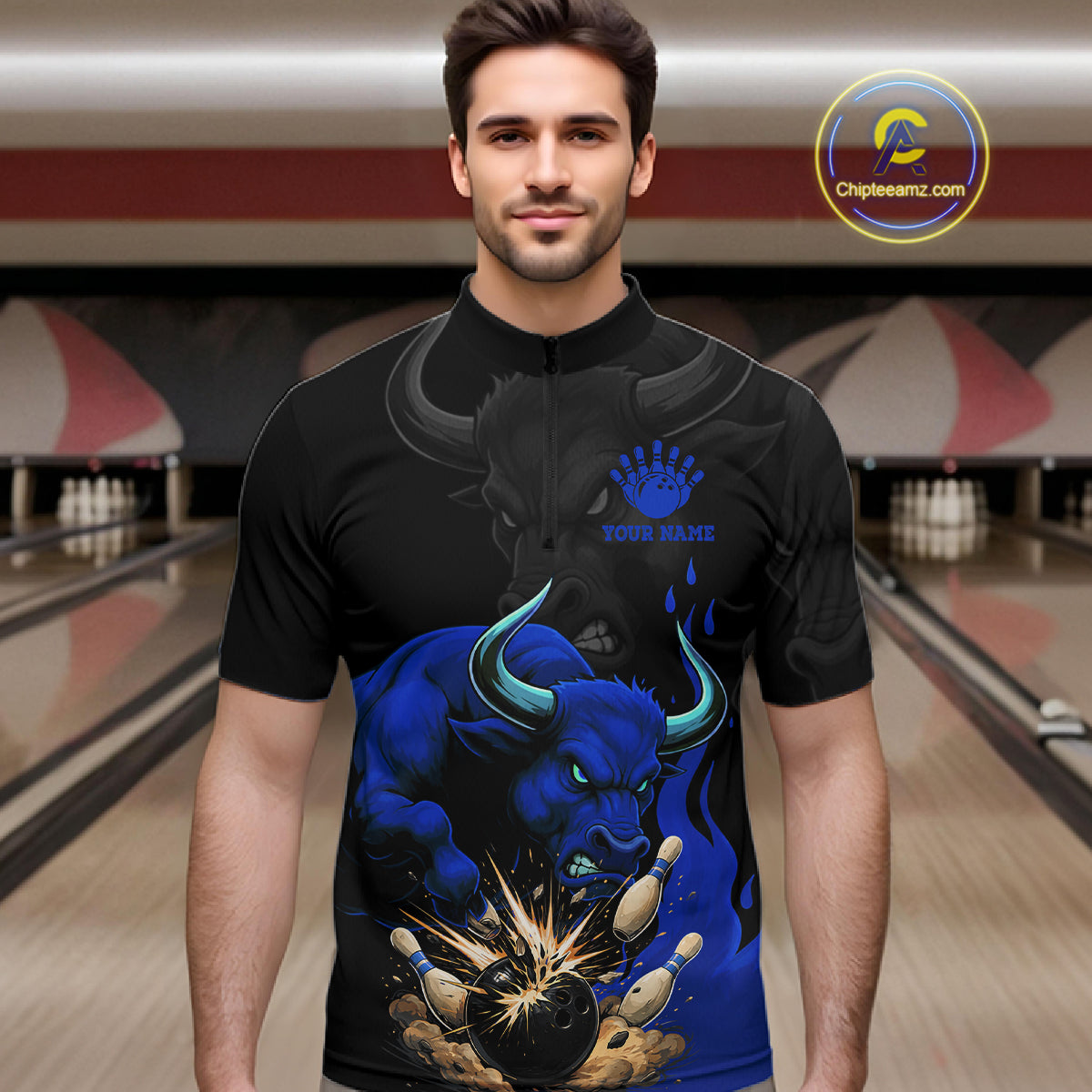 Black And Blue Funny Bull Bowling Shirt For Men Custom Bowling Team Jersey Polo & Quarter Zip TDM7405