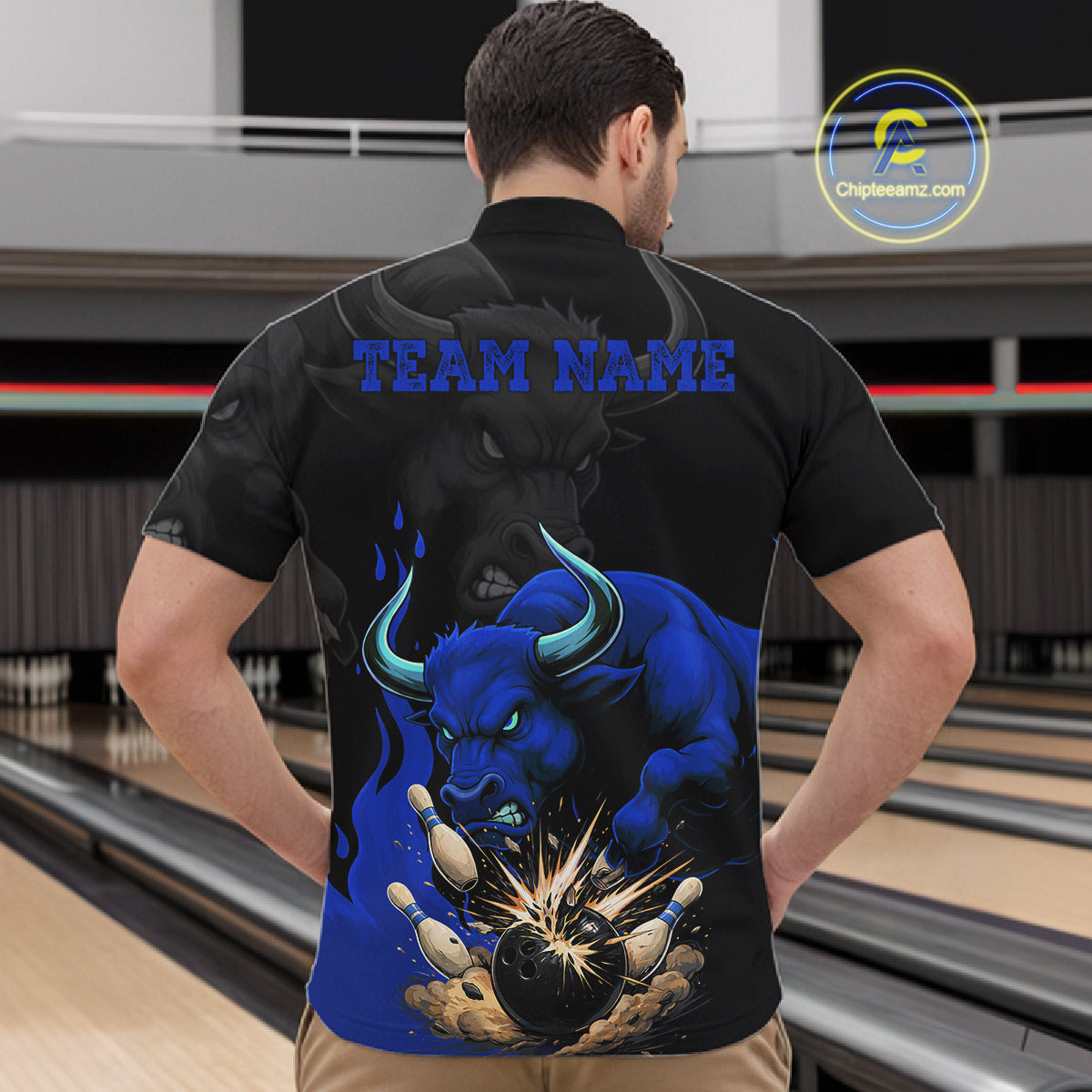 Black And Blue Funny Bull Bowling Shirt For Men Custom Bowling Team Jersey Polo & Quarter Zip TDM7405