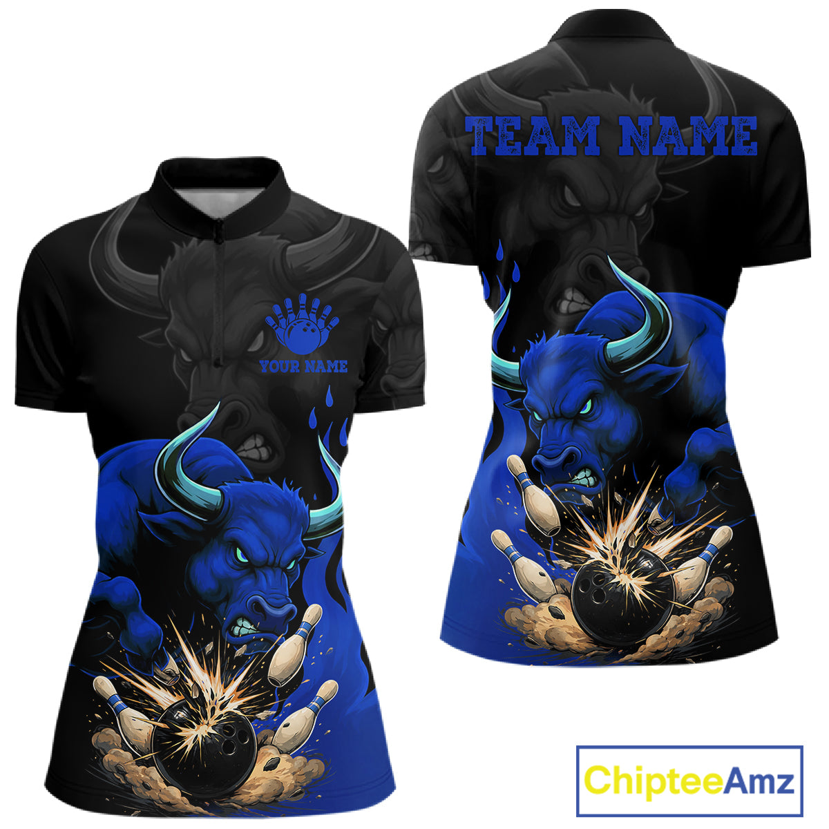 Black And Blue Funny Bull Bowling Shirt For Women Custom Bowling Team Jersey Polo & Quarter Zip TDM7405