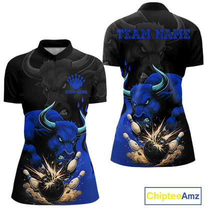 Black And Blue Funny Bull Bowling Shirt For Women Custom Bowling Team Jersey Polo & Quarter Zip TDM7405