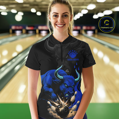 Black And Blue Funny Bull Bowling Shirt For Women Custom Bowling Team Jersey Polo & Quarter Zip TDM7405