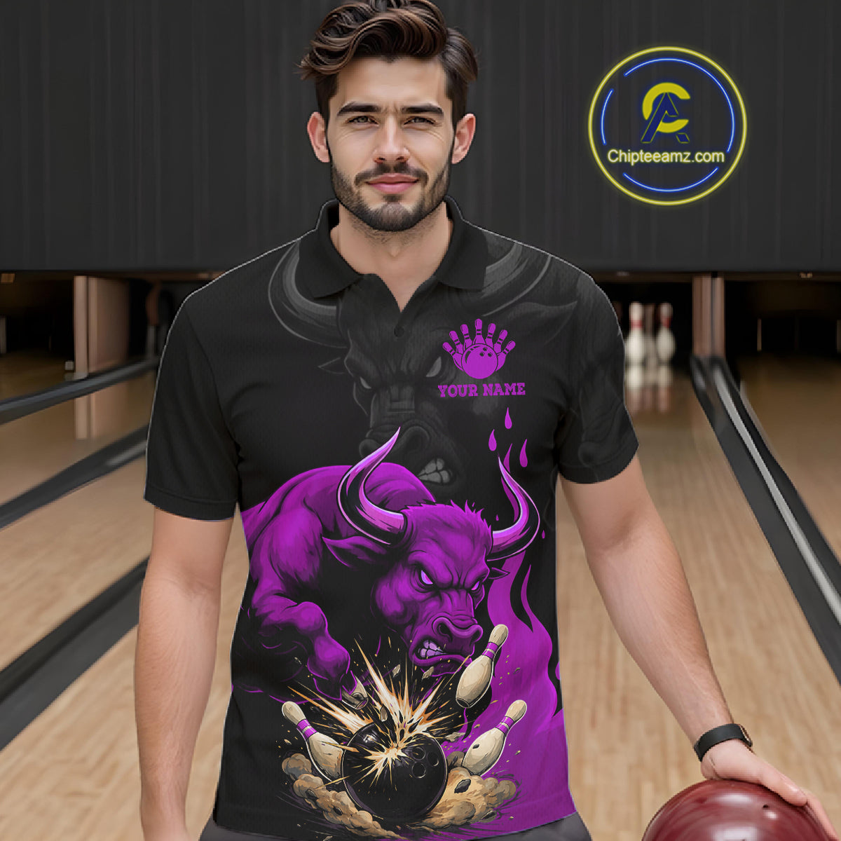 Black And Purple Funny Bull Bowling Shirt For Men Custom Bowling Team Jersey Polo & Quarter Zip TDM7406