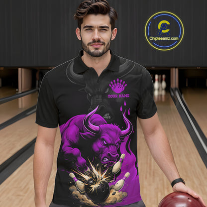 Black And Purple Funny Bull Bowling Shirt For Men Custom Bowling Team Jersey Polo & Quarter Zip TDM7406