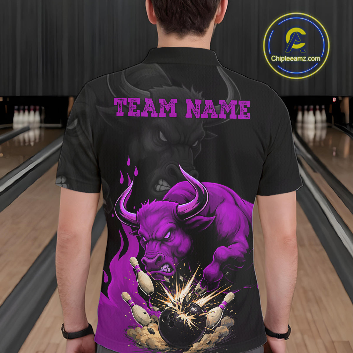 Black And Purple Funny Bull Bowling Shirt For Men Custom Bowling Team Jersey Polo & Quarter Zip TDM7406