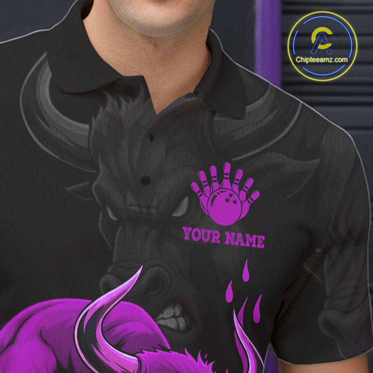 Black And Purple Funny Bull Bowling Shirt For Men Custom Bowling Team Jersey Polo & Quarter Zip TDM7406