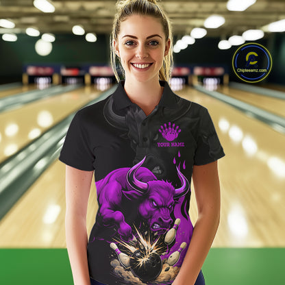 Black And Purple Funny Bull Bowling Shirt For Women Custom Bowling Team Jersey Polo & Quarter Zip TDM7406