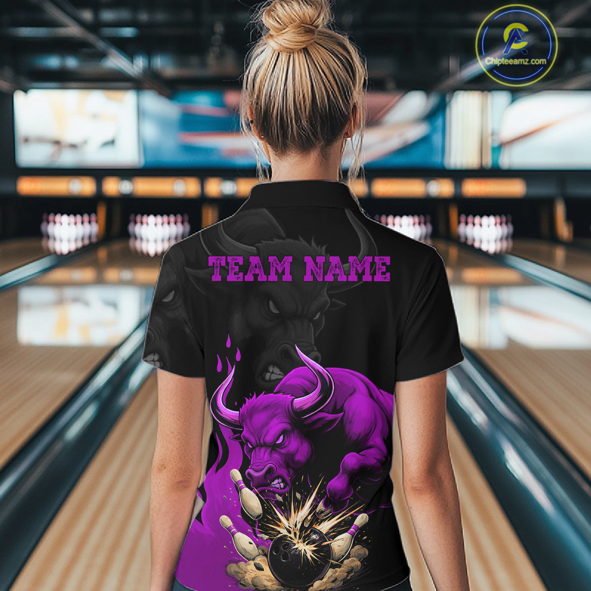 Black And Purple Funny Bull Bowling Shirt For Women Custom Bowling Team Jersey Polo & Quarter Zip TDM7406