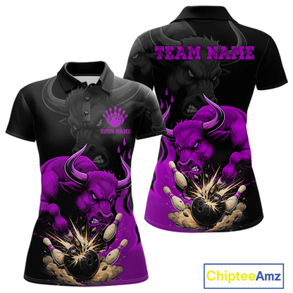 Black And Purple Funny Bull Bowling Shirt For Women Custom Bowling Team Jersey Polo & Quarter Zip TDM7406