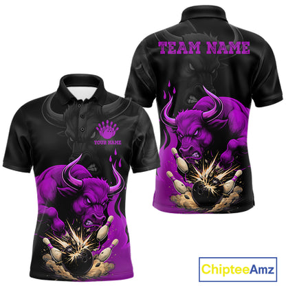 Black And Purple Funny Bull Bowling Shirt For Men Custom Bowling Team Jersey Polo & Quarter Zip TDM7406