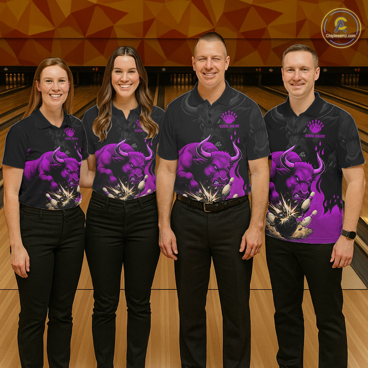 Black And Purple Funny Bull Bowling Shirt For Women Custom Bowling Team Jersey Polo & Quarter Zip TDM7406
