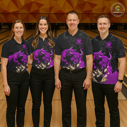 Black And Purple Funny Bull Bowling Shirt For Women Custom Bowling Team Jersey Polo & Quarter Zip TDM7406