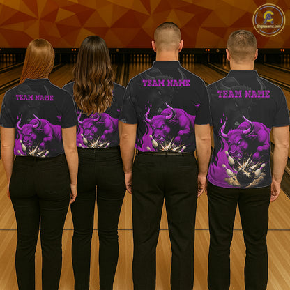 Black And Purple Funny Bull Bowling Shirt For Women Custom Bowling Team Jersey Polo & Quarter Zip TDM7406