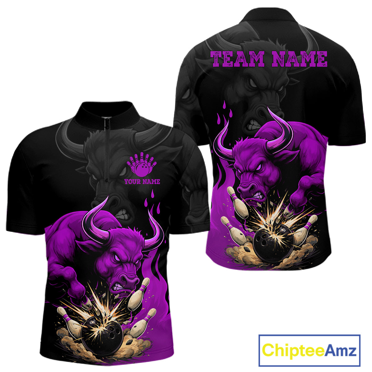 Black And Purple Funny Bull Bowling Shirt For Men Custom Bowling Team Jersey Polo & Quarter Zip TDM7406