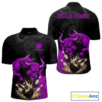 Black And Purple Funny Bull Bowling Shirt For Men Custom Bowling Team Jersey Polo & Quarter Zip TDM7406