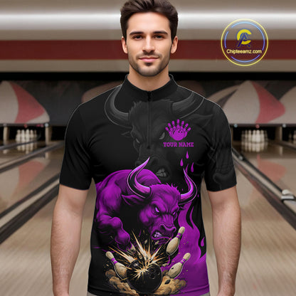 Black And Purple Funny Bull Bowling Shirt For Men Custom Bowling Team Jersey Polo & Quarter Zip TDM7406